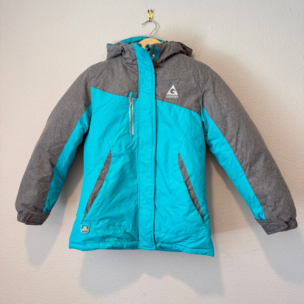 Gerry Kids Turquoise Gray Colorblock Insulated Hooded Ski Winter Jacket M 10/12
